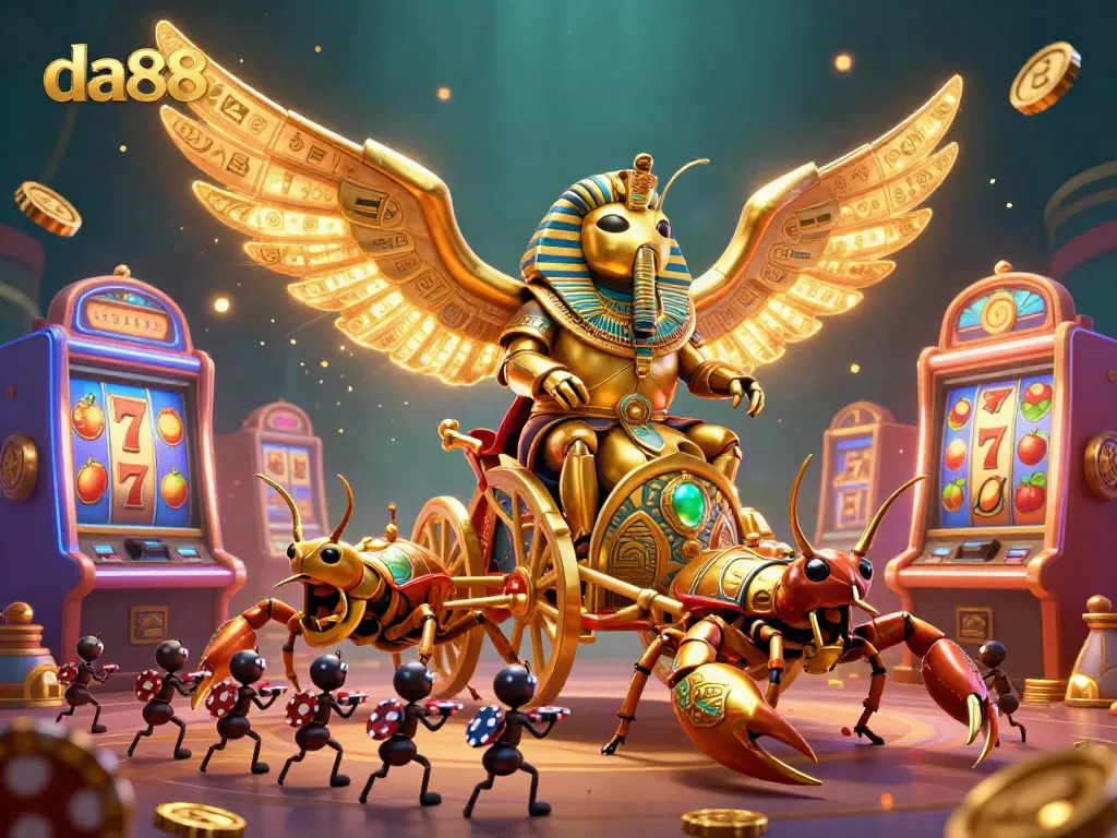 Experience the thrill of da88 with slot machines and golden beetle characters in a vibrant 3D casino scene.