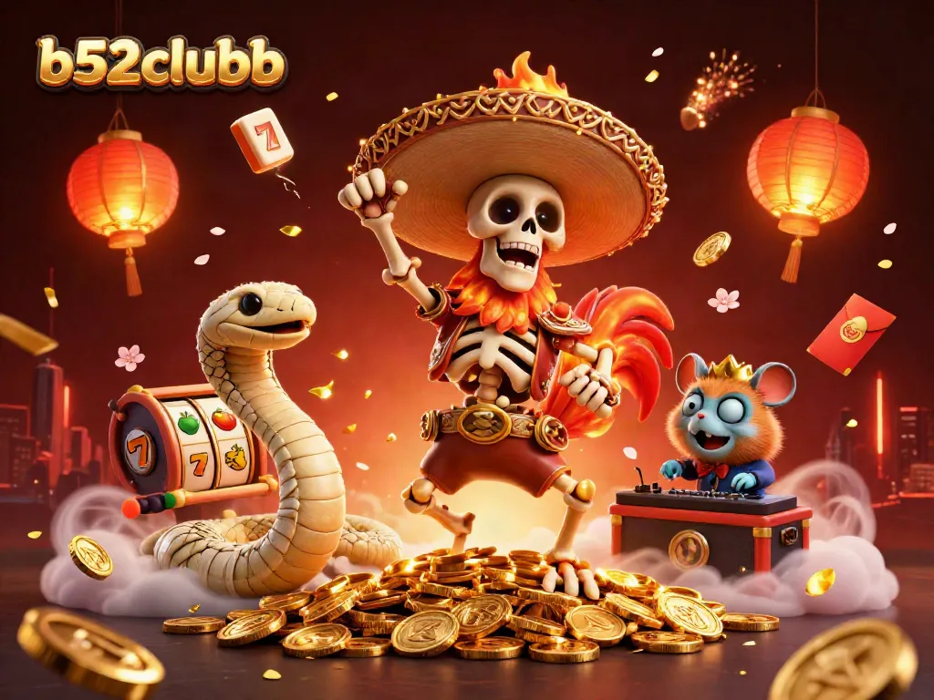 Experience thrilling b52clubb action with a dynamic illustration of casino characters celebrating a win surrounded by rich game elements.