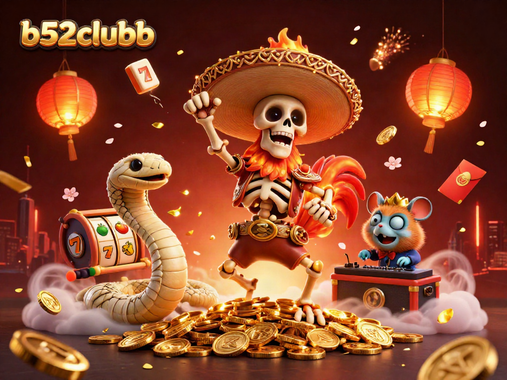 Experience thrilling b52clubb action with a dynamic illustration of casino characters celebrating a win surrounded by rich game elements.