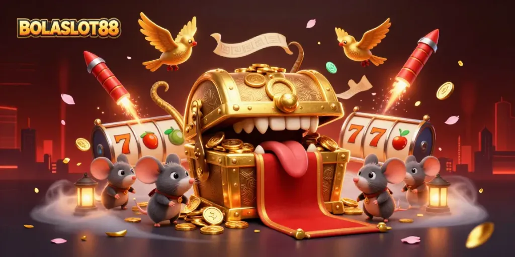 BOLASLOT88 featuring a vibrant casino illustration with treasure chests and slot reels, captivating players.
