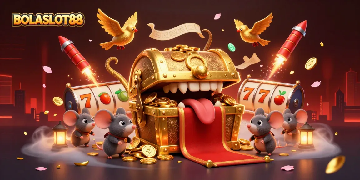 BOLASLOT88 featuring a vibrant casino illustration with treasure chests and slot reels, captivating players.