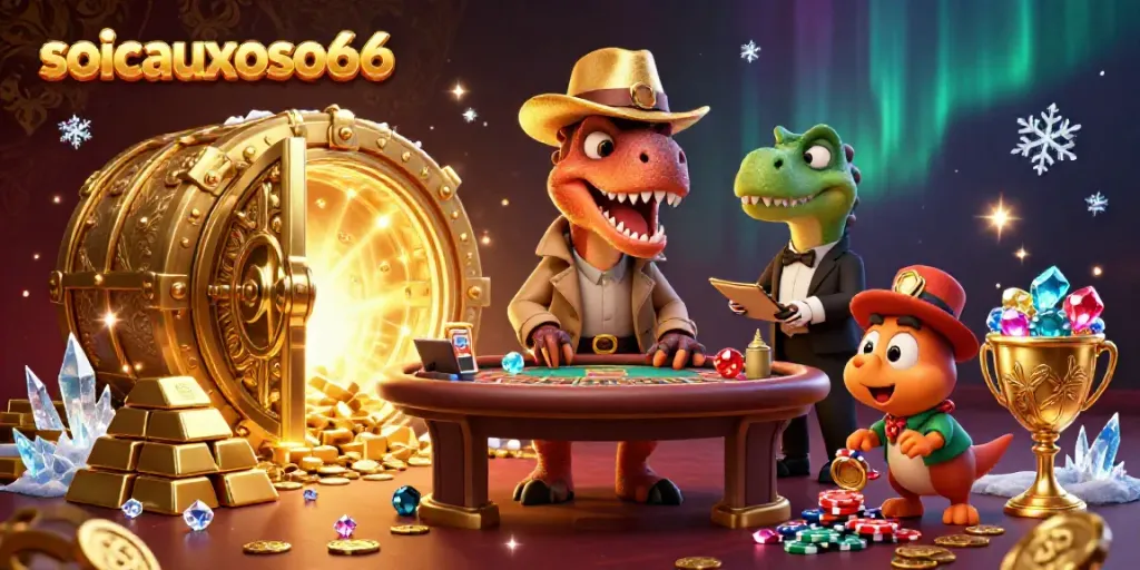 Experience the thrills of soicauxoso66 with a velociraptor at the blackjack table surrounded by treasures