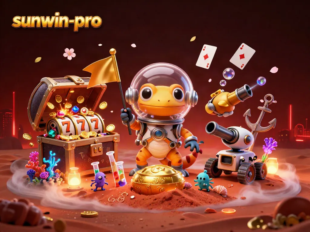 Play slots at sunwin-pro in a vibrant Martian casino scene with colorful treasures and games.