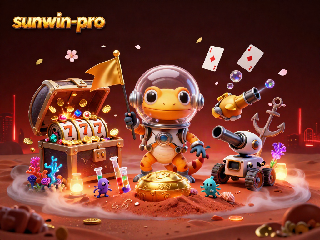 Play slots at sunwin-pro in a vibrant Martian casino scene with colorful treasures and games.