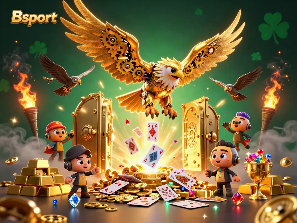 Experience the thrill of Bsport with a cybernetic eagle soaring through shimmering casino treasures.