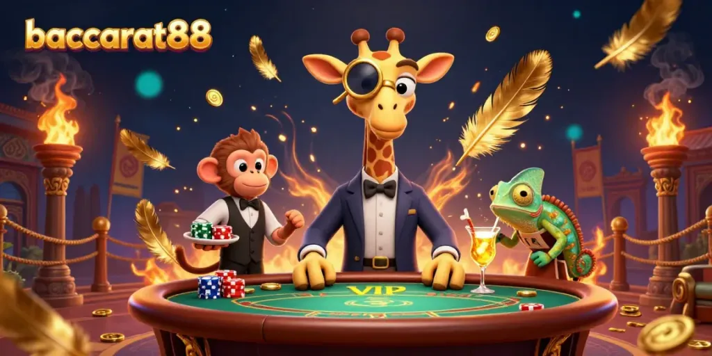Experience high-stakes action at baccarat88 with a sophisticated giraffe, monkey valet, and chameleon bartender in a dynamic casino setting.