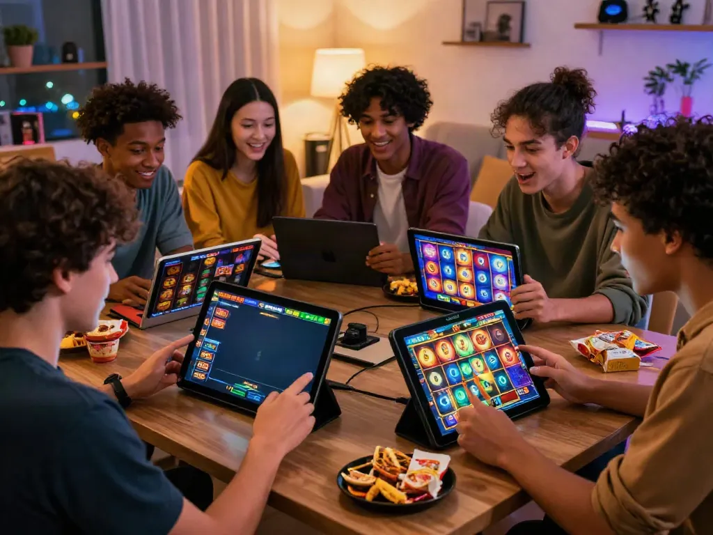 Friends enjoying gaming together on the trusted situs slot gacor in a cozy living room.