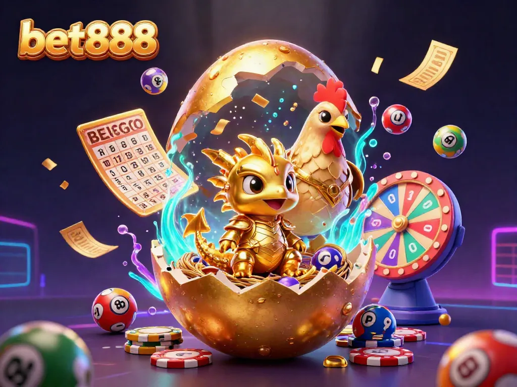 Experience thrills with bet888 in a vibrant 3D illustration featuring a golden dragon and dynamic gaming elements.