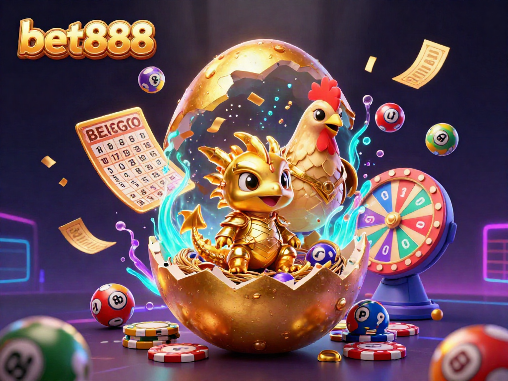 Experience thrills with bet888 in a vibrant 3D illustration featuring a golden dragon and dynamic gaming elements.
