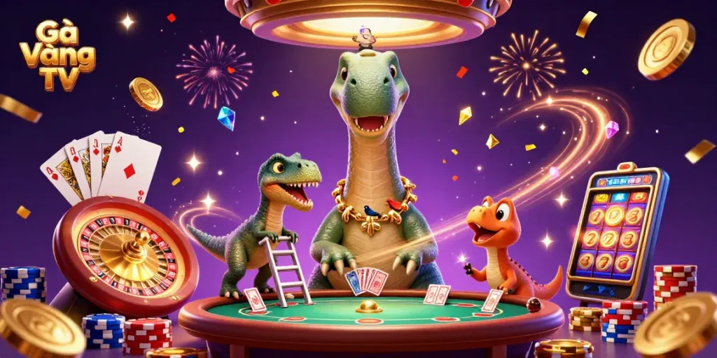 Gà Vàng TV showcases an exciting 3D casino scene with vibrant characters and dynamic gaming elements.