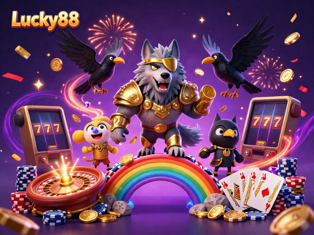 Win big with Lucky88 in an enchanting Norse-themed casino scene filled with vibrant game elements and energy.