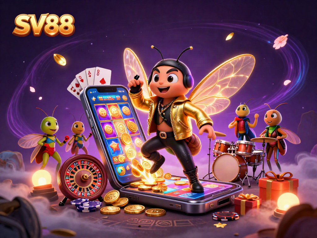 SV88's vibrant gaming scene with cartoon characters celebrating wins through slots and poker gameplay.