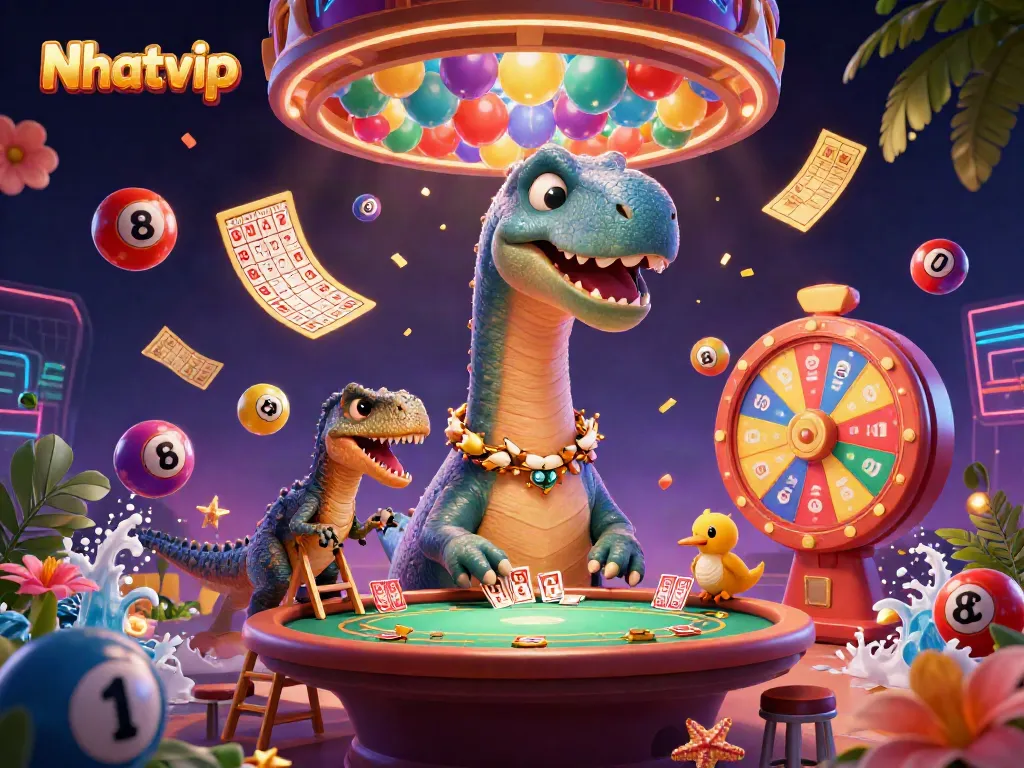 Nhatvip gaming experience featuring a whimsical brontosaurus and raptor interacting at a poker table, showcasing vibrant casino elements.