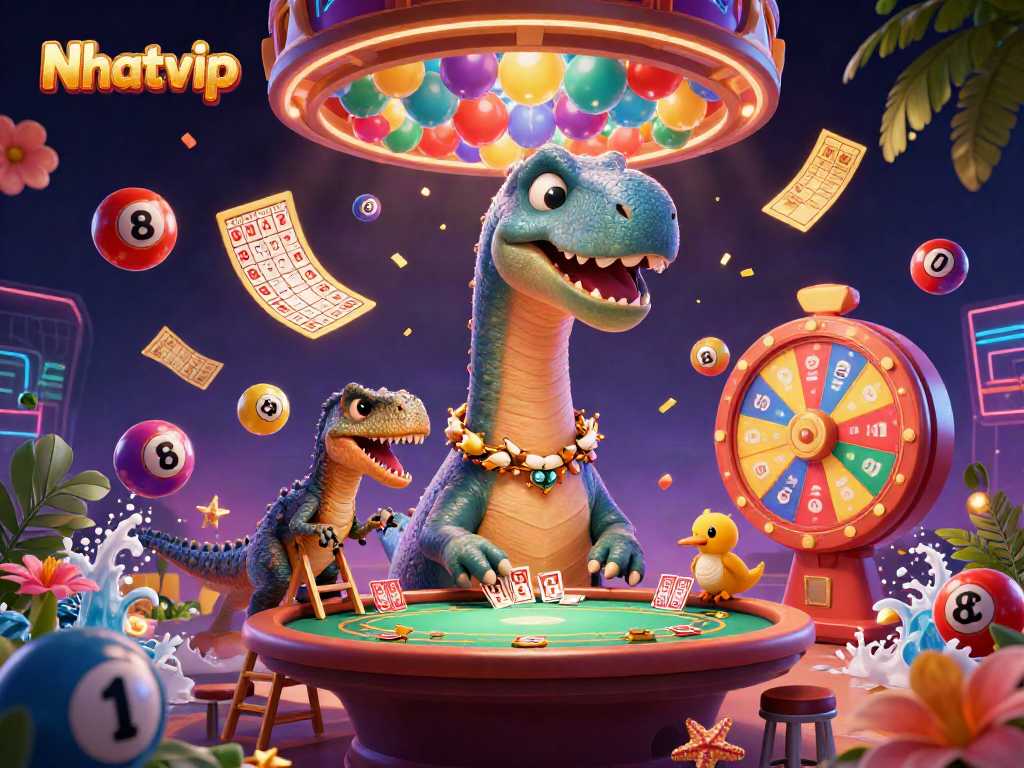 Nhatvip gaming experience featuring a whimsical brontosaurus and raptor interacting at a poker table, showcasing vibrant casino elements.