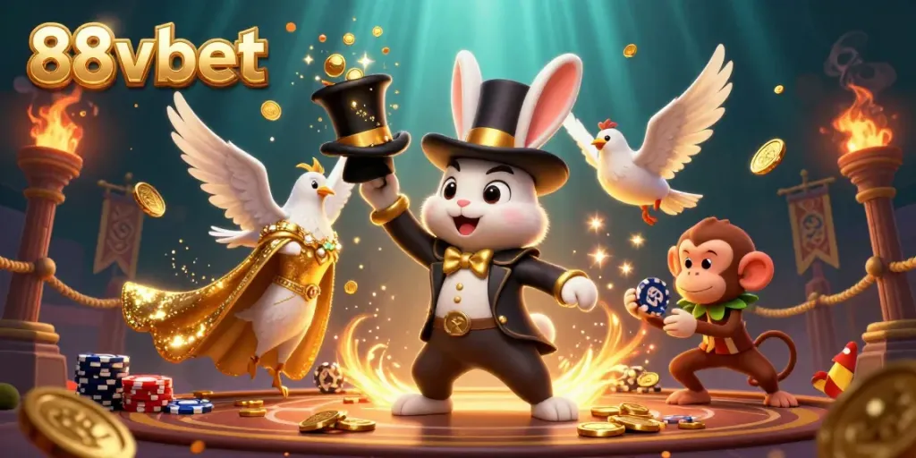 Experience thrilling action with 88vbet in this vibrant casino-themed illustration featuring exciting characters.