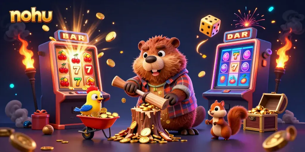 Engage in exciting nohu slots with a beaver collecting coins amid a jackpot explosion.