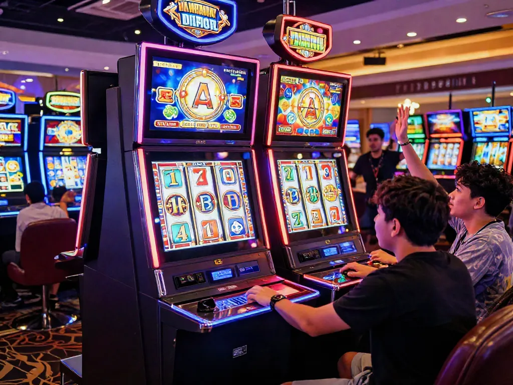 Exciting scene of players at a slot gacor machine in a vibrant casino environment.