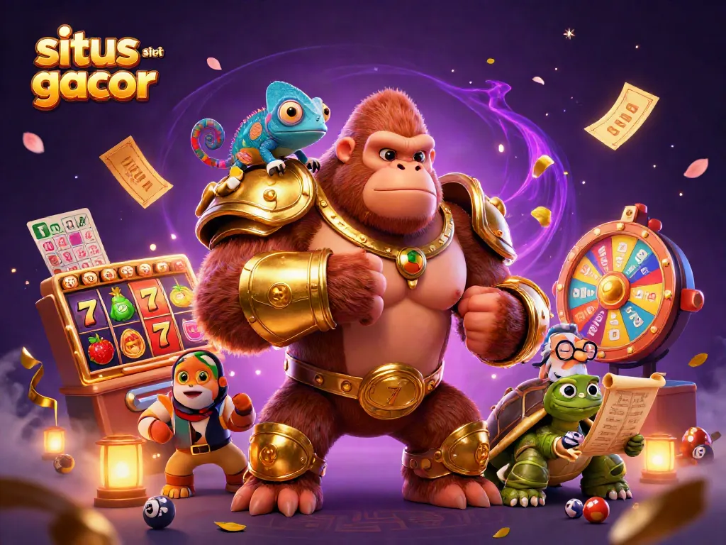 Engage in thrilling gaming with situs slot gacor, featuring a gorilla king, chameleon, and tortoise among vibrant casino elements.