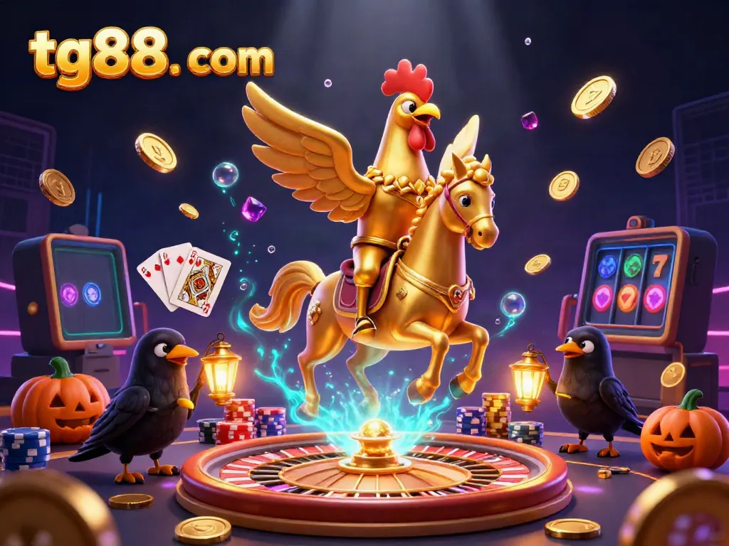 Experience thrilling gameplay at tg88. com with the golden rooster and its glowing head through a vibrant casino.