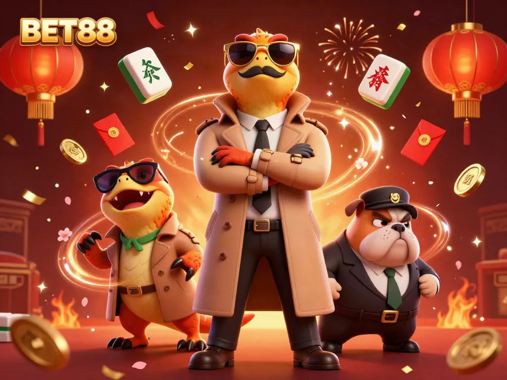 Engage with BET88 in a vibrant casino scene featuring animated raptors trying to enter a VIP lounge.