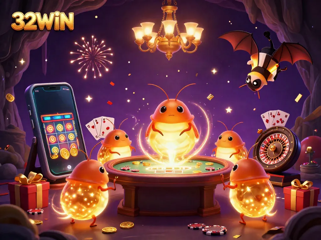 Experience the exciting world of 32WIN casino with glowing glowworms illuminating the scene and vibrant game elements.
