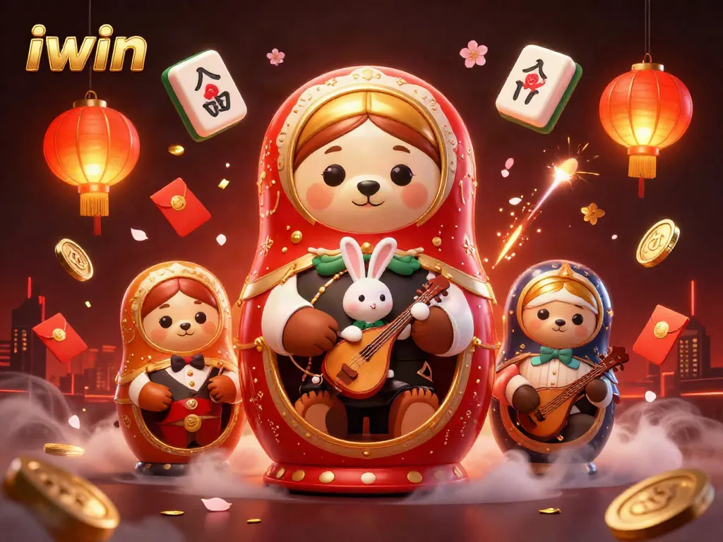 Engage with iwin's vibrant casino scene featuring Matryoshka dolls and festive game elements.