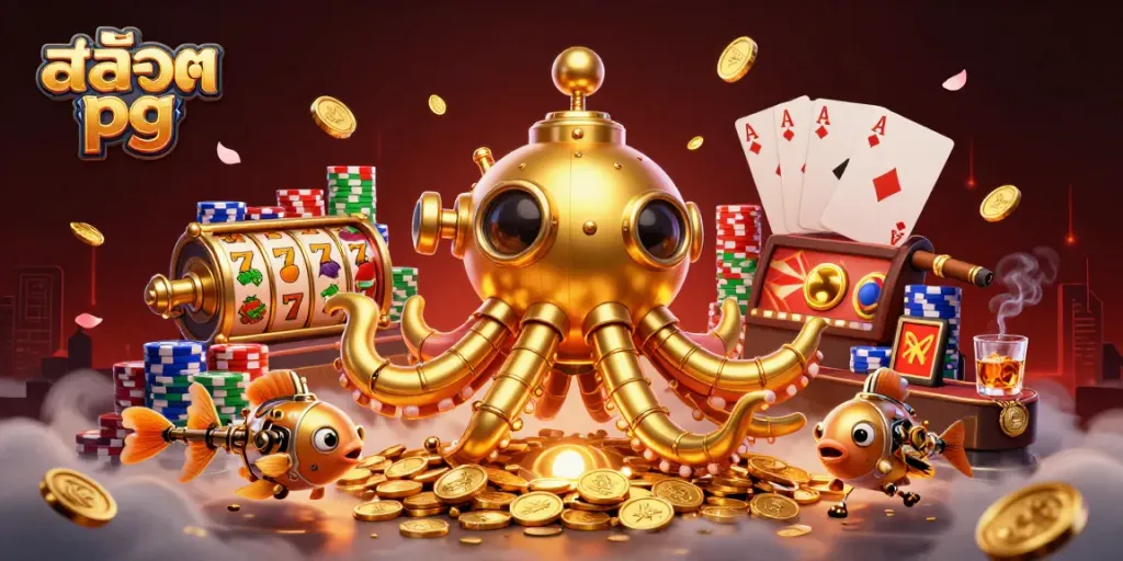 Engage with สล็อต pg slot reels featuring a golden kraken submarine amidst coins, capturing thrilling gaming moments.