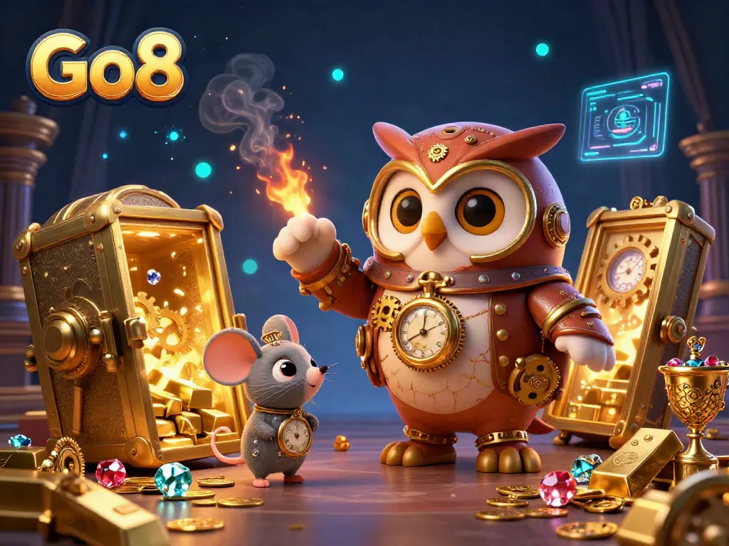 Experience thrilling gaming with Go8 as a time-traveling owl and clockwork mouse discover riches in a captivating casino scene.