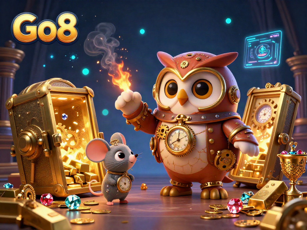 Experience thrilling gaming with Go8 as a time-traveling owl and clockwork mouse discover riches in a captivating casino scene.