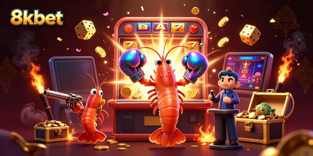 Experience thrilling wins with 8xbet in a vibrant casino scene featuring playful shrimp characters.