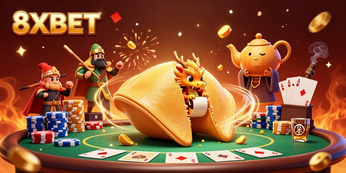 Engage in thrilling gameplay as 8XBET presents a vibrant 3D casino experience, featuring fortune cookie elements.