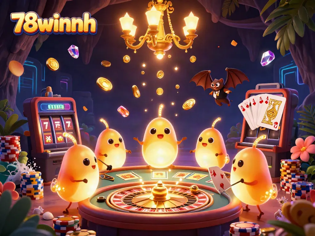Experience the vibrant casino atmosphere at 78winnh with glowworms illuminating the tables and stunning game elements.