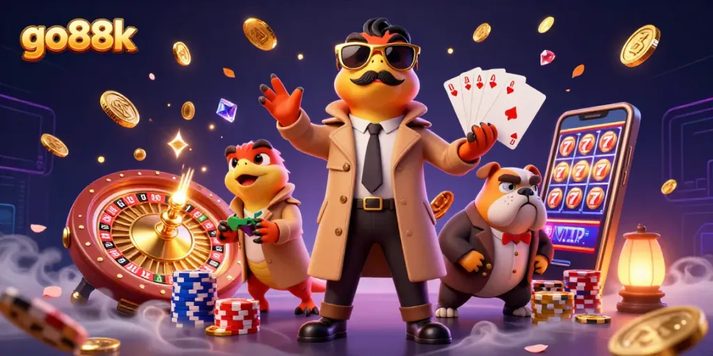 Engage with go88k as three playful raptors sneak into a VIP casino, showcasing vibrant entertainment.