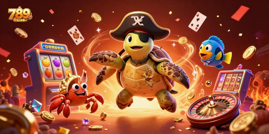 Experience thrilling adventures with 789CLUB's pirate-themed underwater casino illustration filled with vibrant game elements.