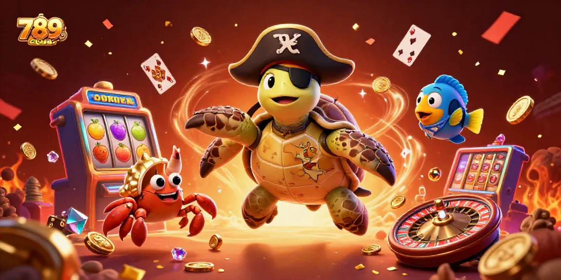 Experience thrilling adventures with 789CLUB's pirate-themed underwater casino illustration filled with vibrant game elements.