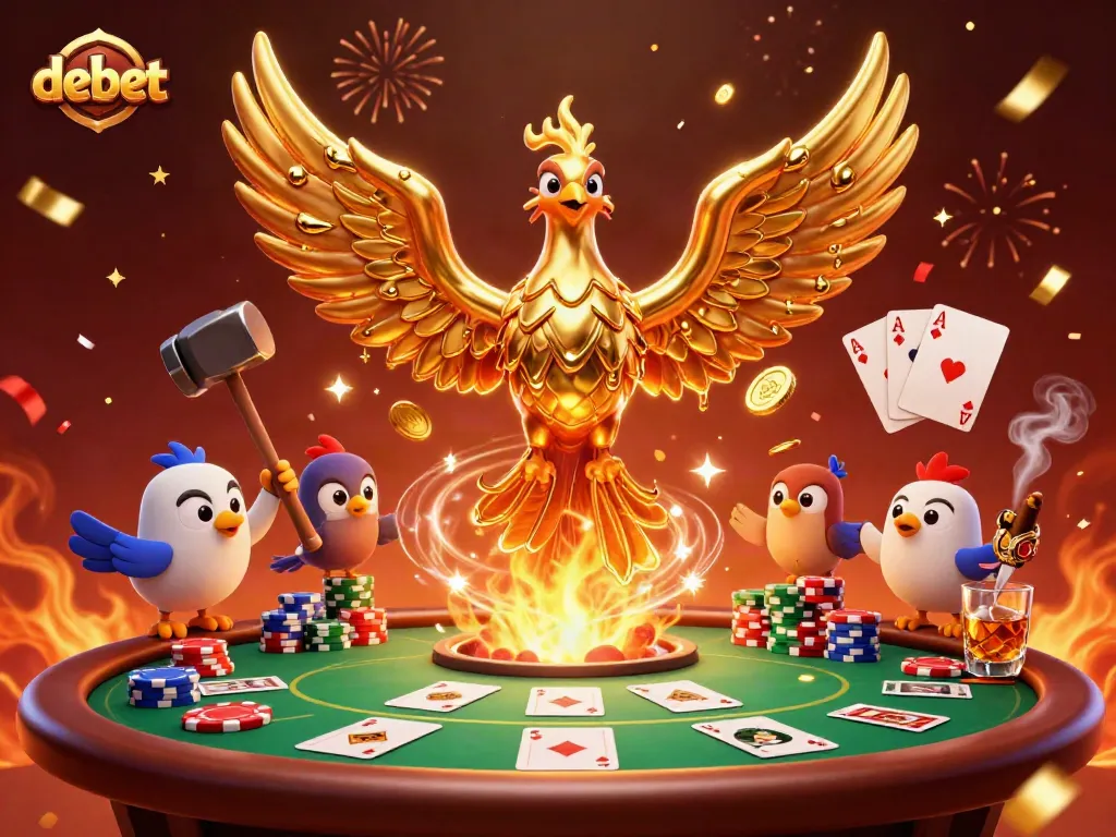 Bet on debet with a vibrant casino scene featuring a golden phoenix and poker elements.