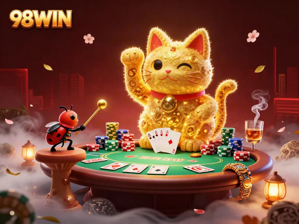 Experience the thrill of 98WIN through a vibrant 3D scene with a lucky cat made of fireflies amidst poker excitement.