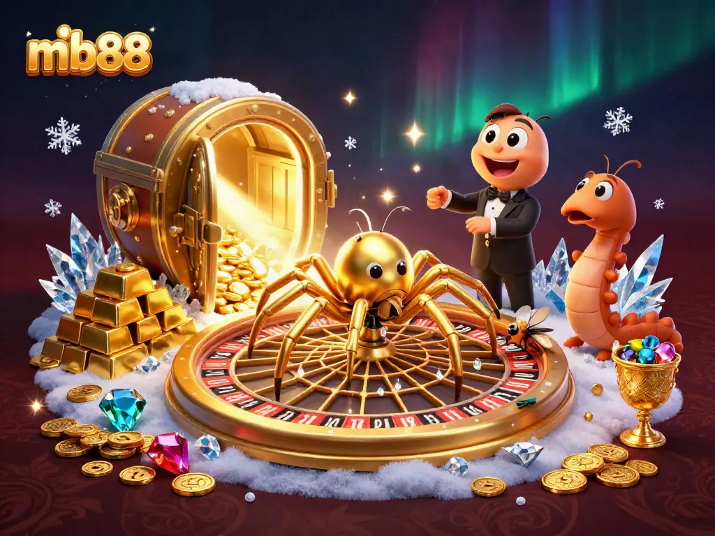Engage in thrilling bets at mb88 while a golden spider spins a roulette wheel web, signifying opportunities.