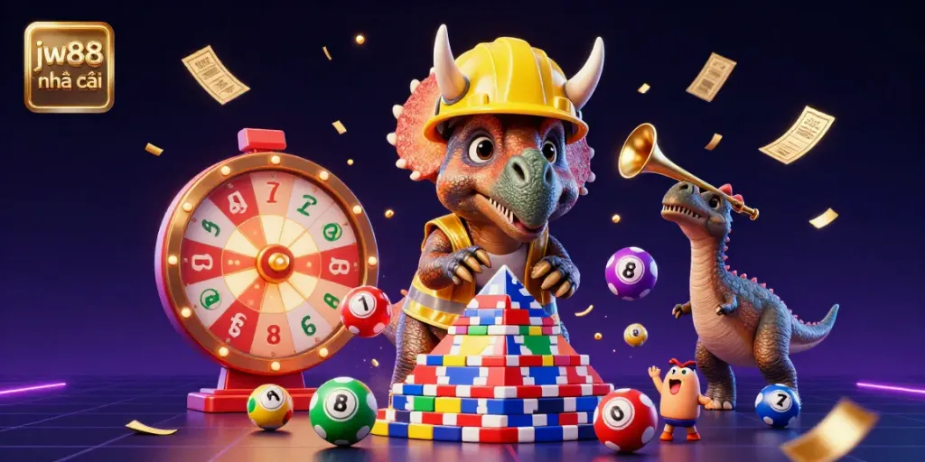 Experience the excitement of jw88 nhà cái as a triceratops builds poker chip pyramids amidst colorful lottery chaos.