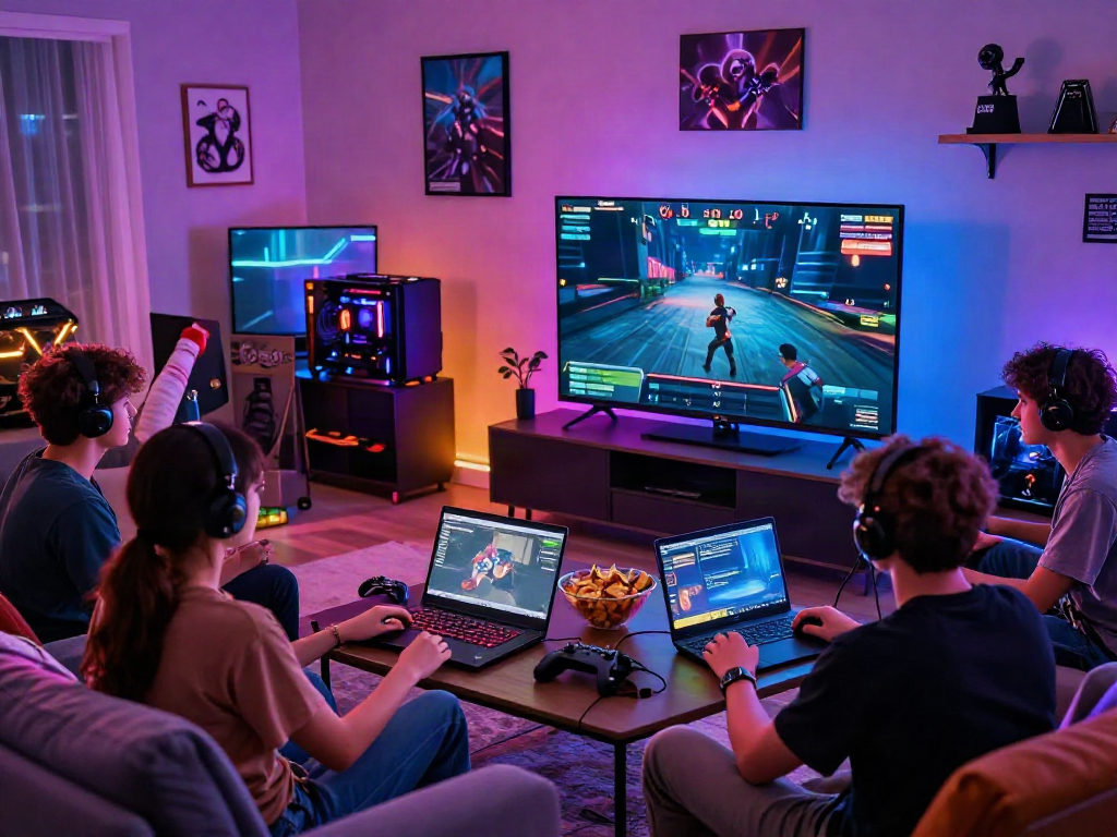 Kilat404 gaming scene with friends enjoying multiplayer games in a lively living room.