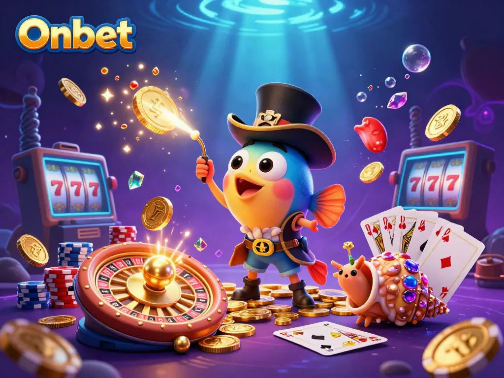 Experience the excitement of Onbet with interactive deep-sea characters surrounded by sparkling coins and casino elements.