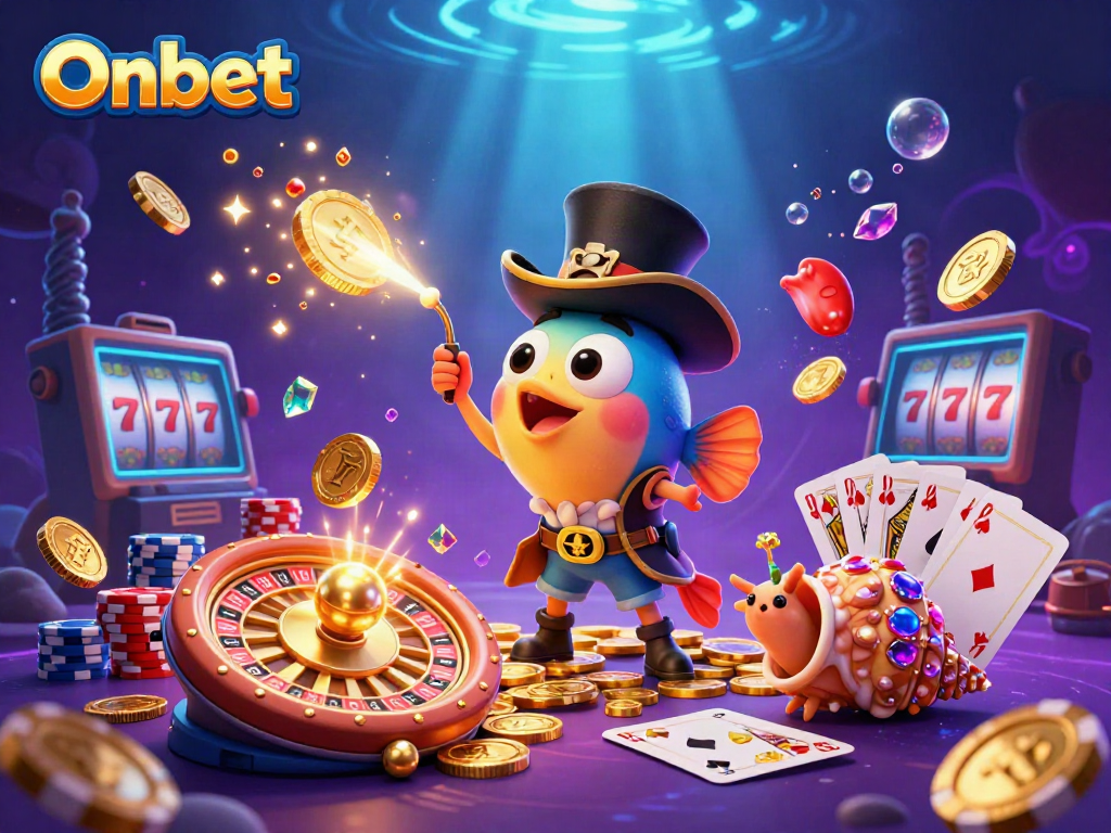 Experience the excitement of Onbet with interactive deep-sea characters surrounded by sparkling coins and casino elements.
