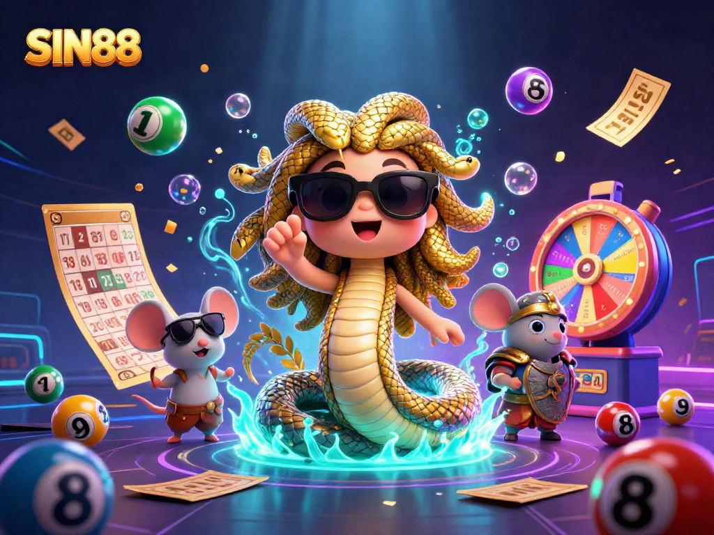 SIN88 players engaging with colorful lottery elements in an exciting casino-themed scene.