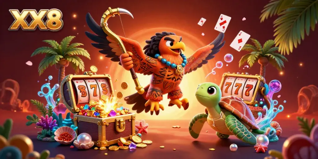 Engaging 3D illustration for XX8 with lively characters amid vibrant casino themes and treasures.
