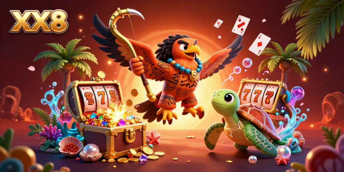 Engaging 3D illustration for XX8 with lively characters amid vibrant casino themes and treasures.