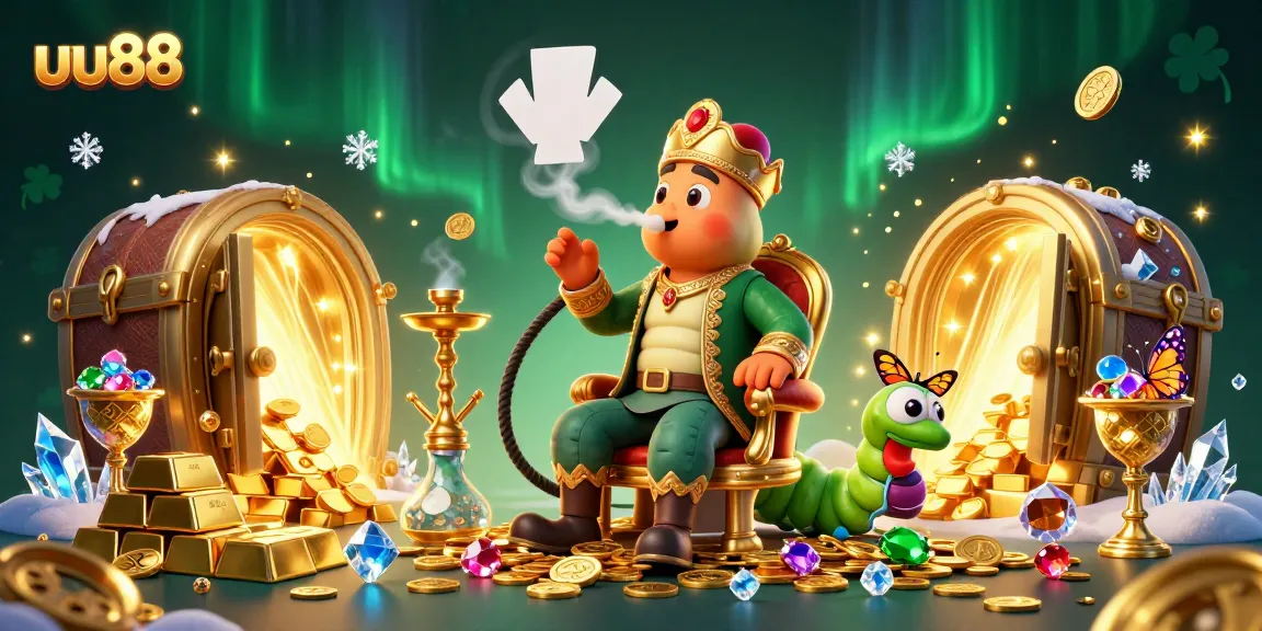 Experience thrilling gambling with uu88's vibrant 3D casino illustration featuring a caterpillar master and overflowing treasures.