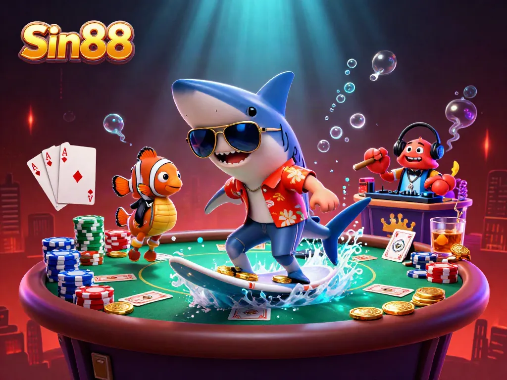 Sin88 captures an exciting scene with a shark, clownfish, and crab celebrating casino wins.