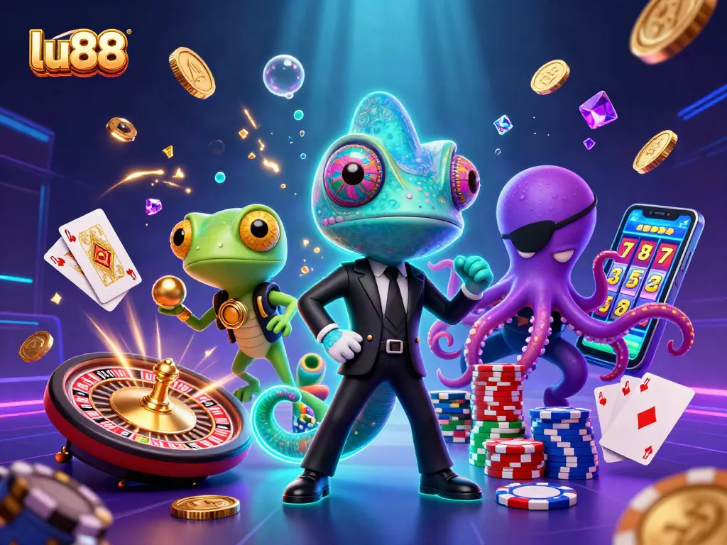lu88 offers thrilling casino gameplay with vibrant characters and dazzling gems in this dynamic illustration.