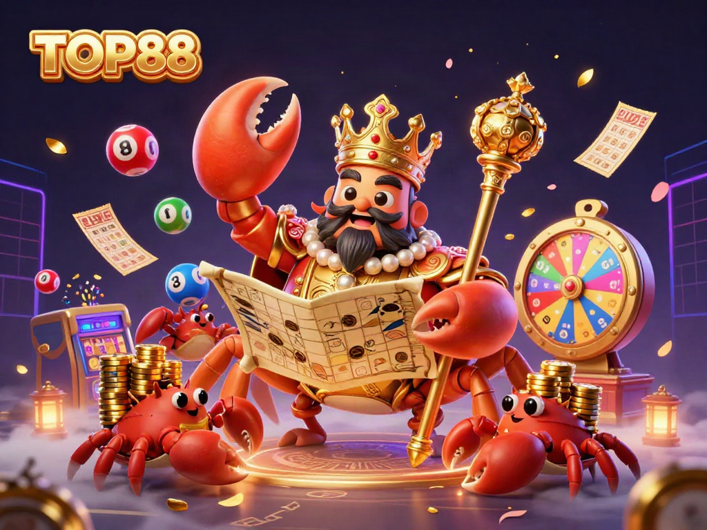 Join the exciting world of TOP88 with a dazzling scene showcasing a golden crab emperor amid vibrant lottery elements.