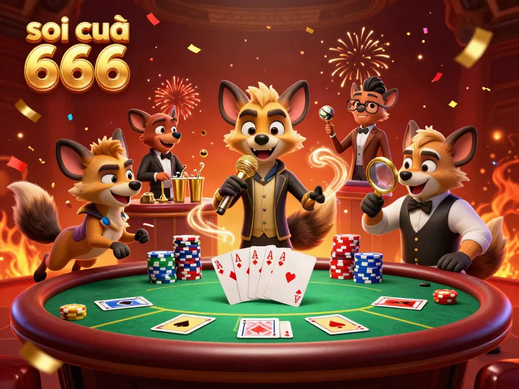 Hyenas in a comedic casino setting celebrates with jokes and drinks, enhancing the experience of soi cầu 666.
